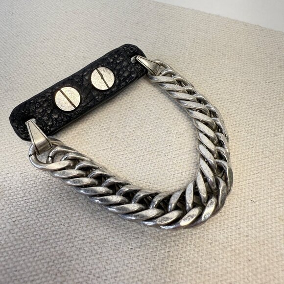 Chunky Chain & Leather Bracelet Signed JB Silver-Tone Black Biker Punk Grunge - Picture 4 of 7